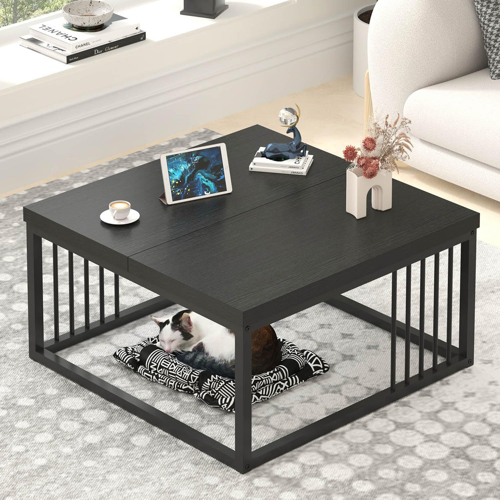 FOLUBAN Black Coffee Table, Modern Square Center Table for Living Room, Industrial Rustic Wood and Metal Cocktail Tea Table, 31.5 Inch