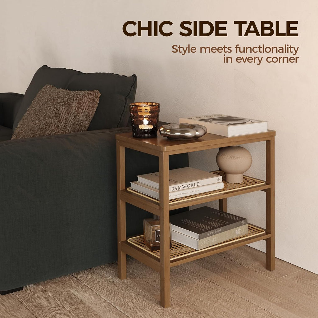Rattan Side Table Mid Century Modern End Table 3-Tier with Storage Narrow Coffee Table Boho Night Stand Bamboo