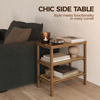 Rattan Side Table Mid Century Modern End Table 3-Tier with Storage Narrow Coffee Table Boho Night Stand Bamboo