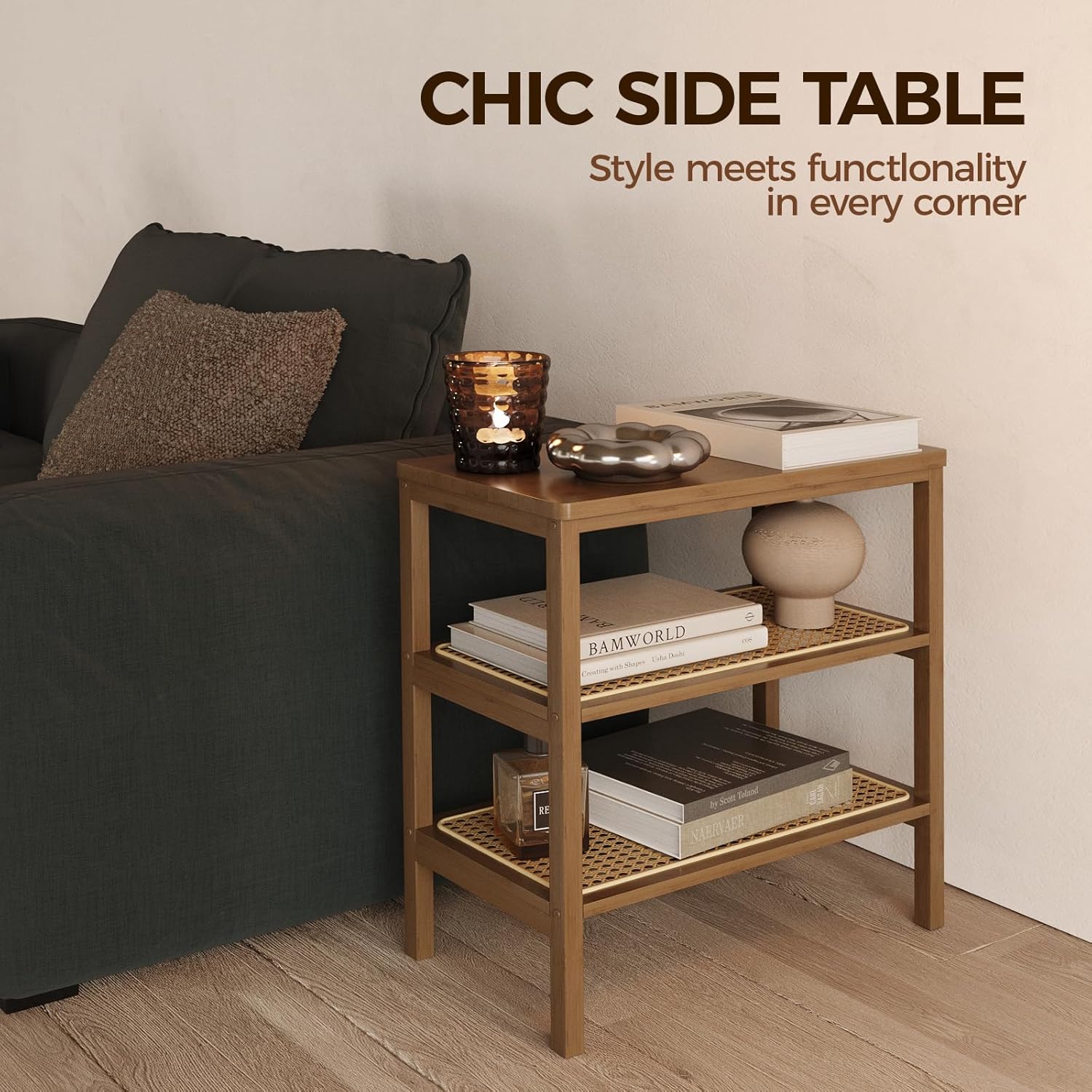 Rattan Side Table Mid Century Modern End Table 3-Tier with Storage Narrow Coffee Table Boho Night Stand Bamboo