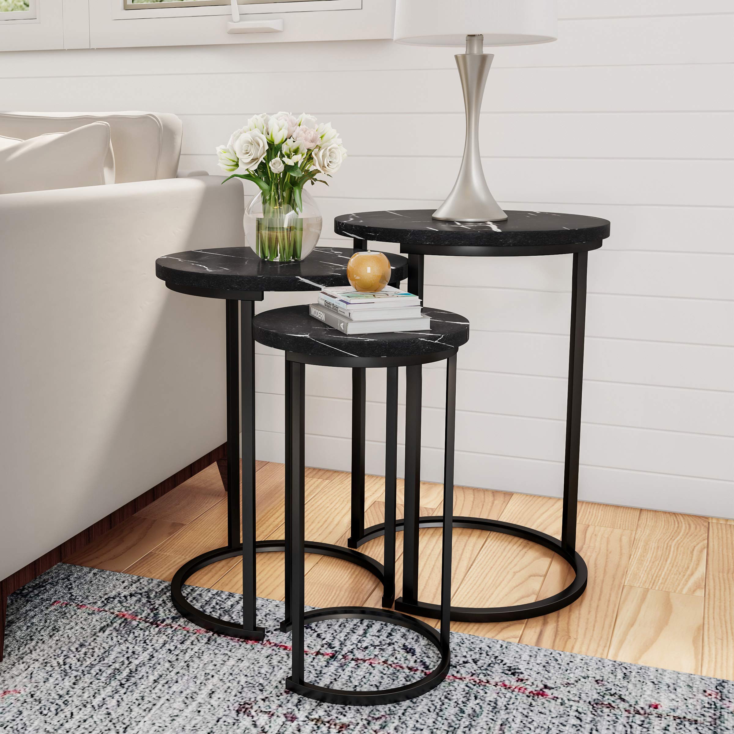 Lavish Home Nesting Tables - Set of 3 Round Side Tables for Living Room, Bedroom, or Home Office - Faux Marble End Table Set - Modern Living Room Furniture (White)