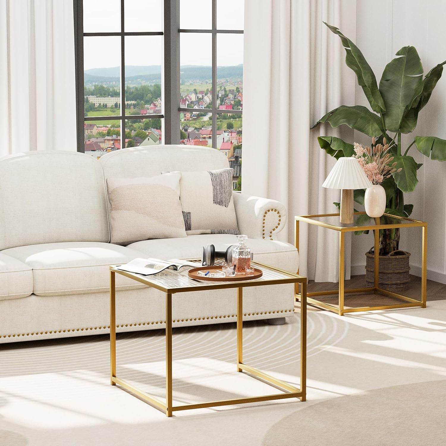 VILAWLENCE Coffee Table Set of 2, Modern Gold Glass Side Table, Metal Frame Square End Table, Center Tables, Nesting Coffee Table for Living Room, Bedroom and Small Spaces, 23.6in