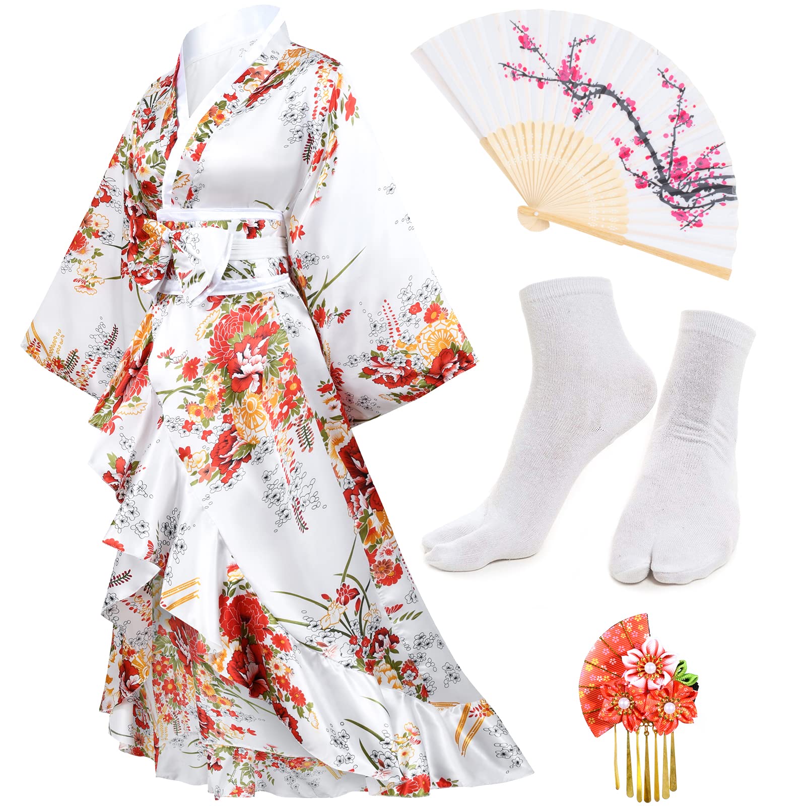 Women's Kimono Robe Geisha Yukata Sweet Tuxedo Ruffle Dress Blossom Satin Bathrobe Sleepwear Fans Tabi Socks Set