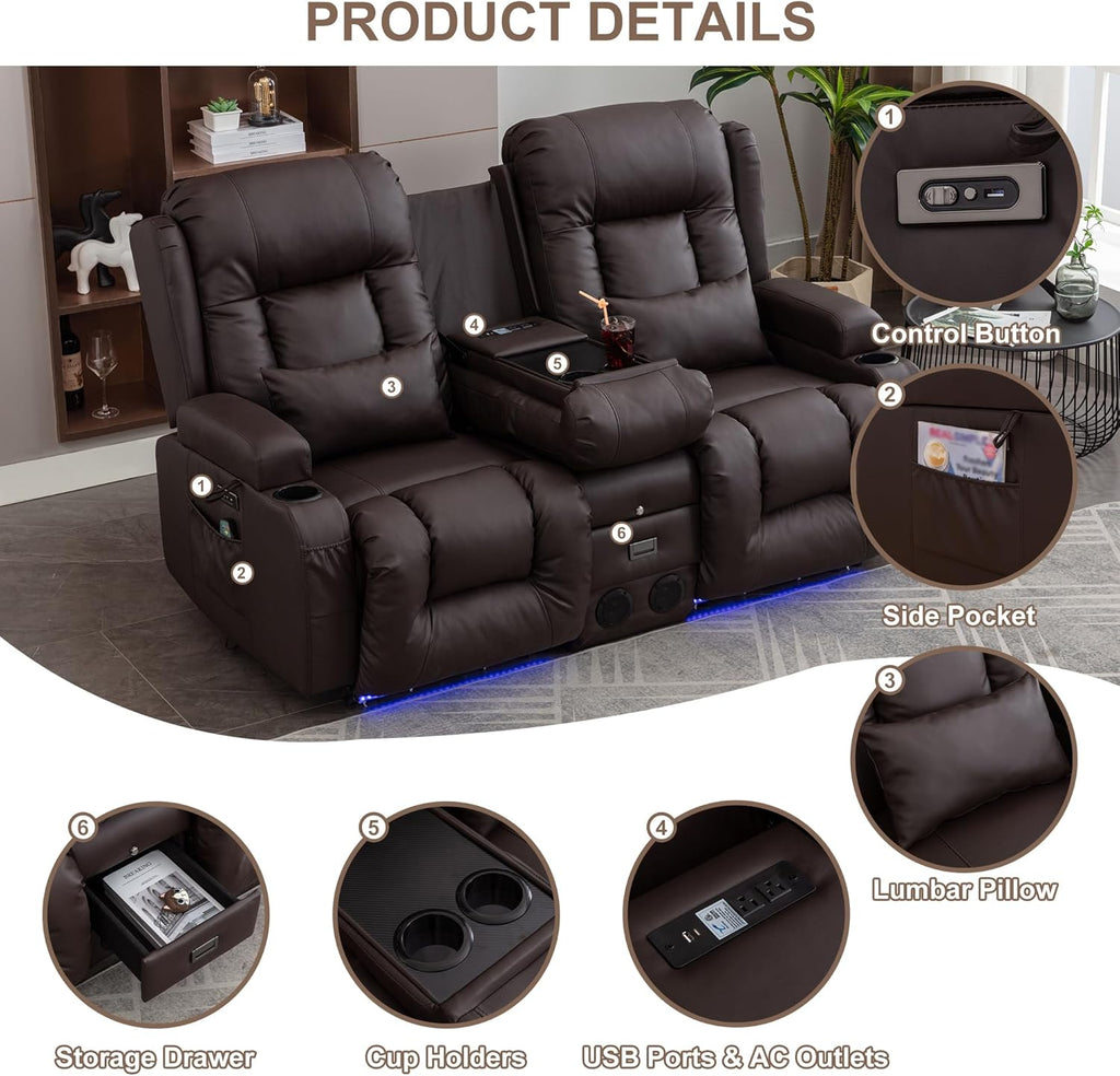 TUNYI Power Loveseat Recliner Sofa with Massage & Heat Home Theater Seating with Console Electric Recliner RV Sofa with USB/Outlet/Storage/Side Pocket/LED Light/Speaker (Brown, Loveseat)