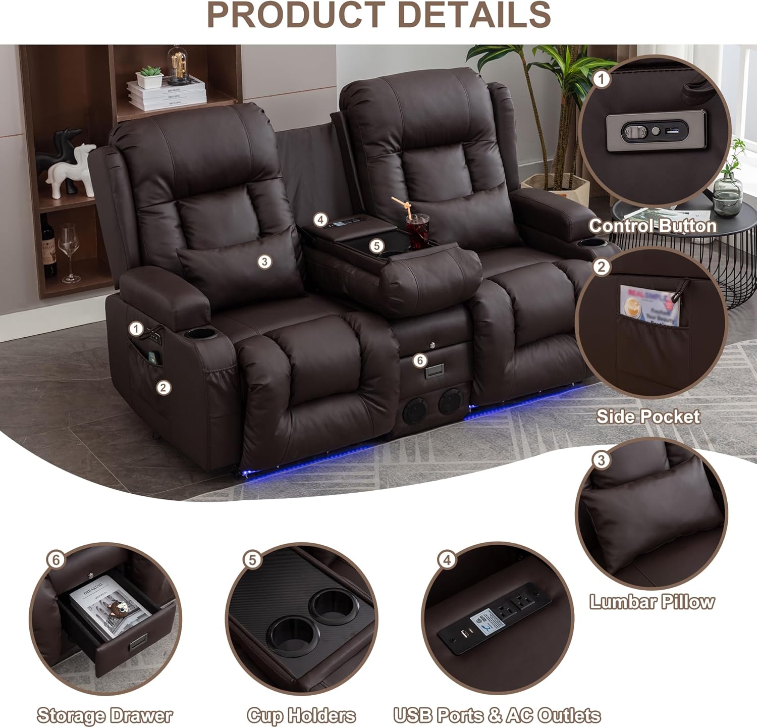 TUNYI Power Loveseat Recliner Sofa with Massage & Heat Home Theater Seating with Console Electric Recliner RV Sofa with USB/Outlet/Storage/Side Pocket/LED Light/Speaker (Brown, Loveseat)