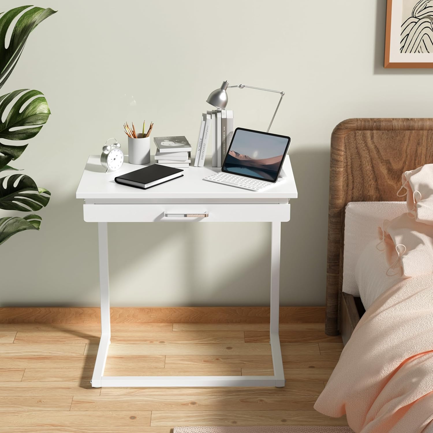C Shaped End Table,Small Couch Side Table with Drawer,for Living Room, Bedroom Magazines, Computers, Coffee, Small Objects Storage.White