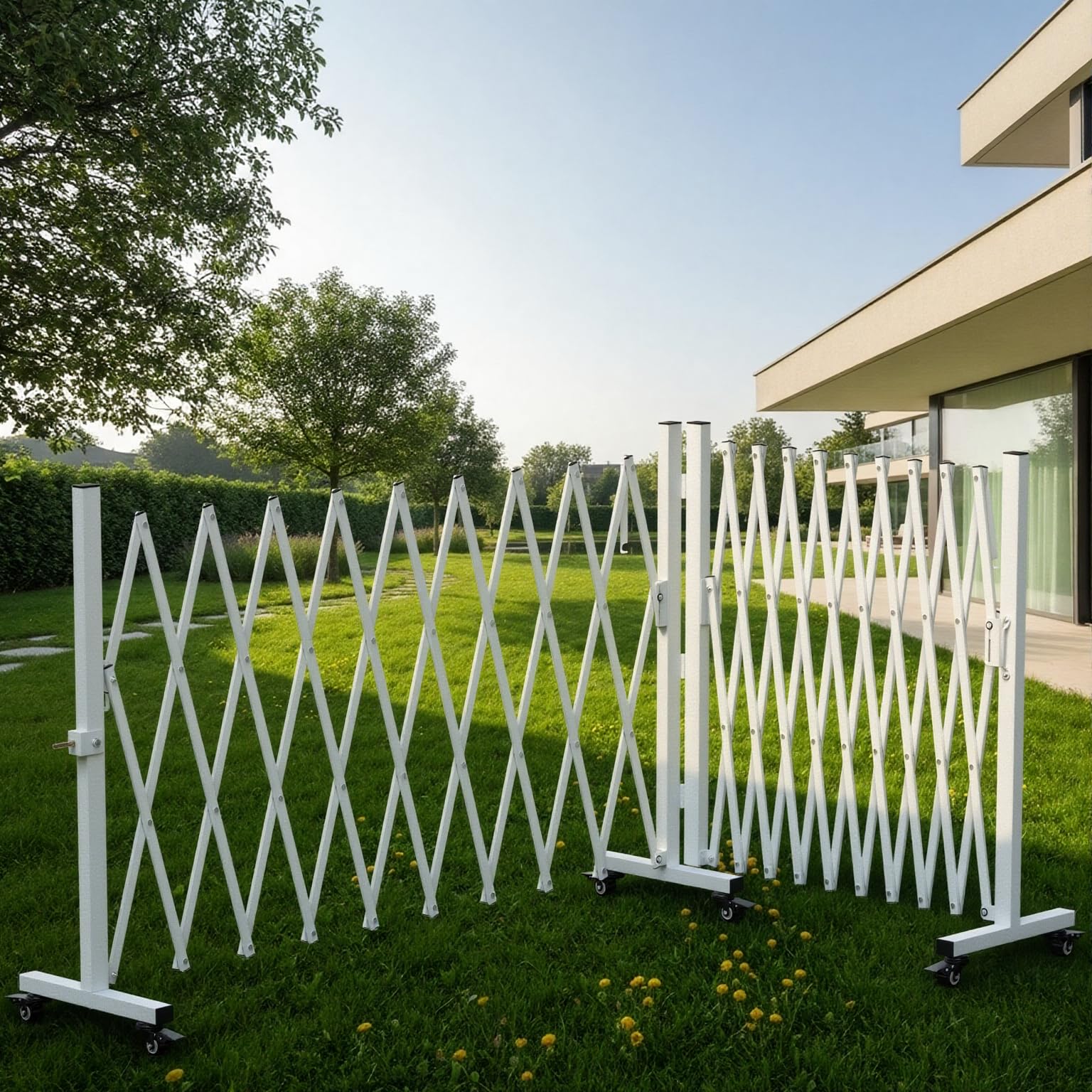 209" Width Expandable Driveway Gate & Retractable Fence Outdoor - 180° Rotating Aluminum Barricade with Casters, Metal Safety Barrier for Backyard/Dog Security (216.54 * 41.34,Grey)