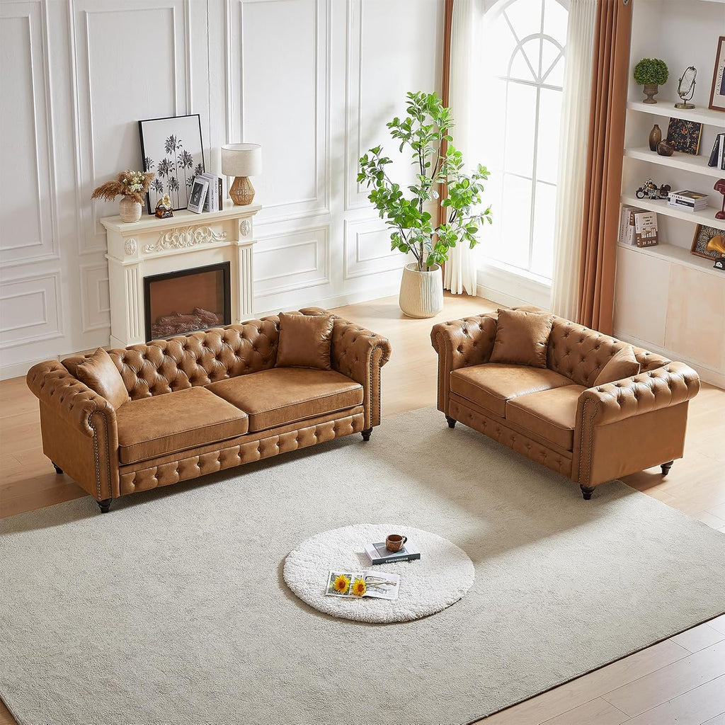 Modern Chesterfield Sofa Set for Living Room, 2 Piece Tech Fabric Furniture Sets 3 Seater Couch&Loveseat Sofa with Rolled Arms and Tufted Button, Office, Brown