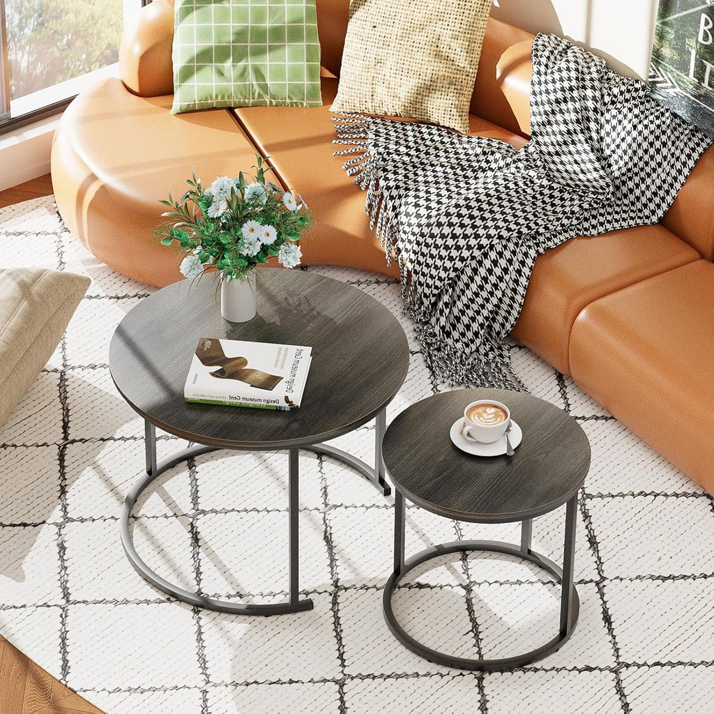 Garden 4 you Nesting Coffee Table, 23.6" Round Coffee Table Set of 2, Wooden Nesting Table Set with Metal Frame, Side Tables for Living Room Bedroom Balcony, Grey