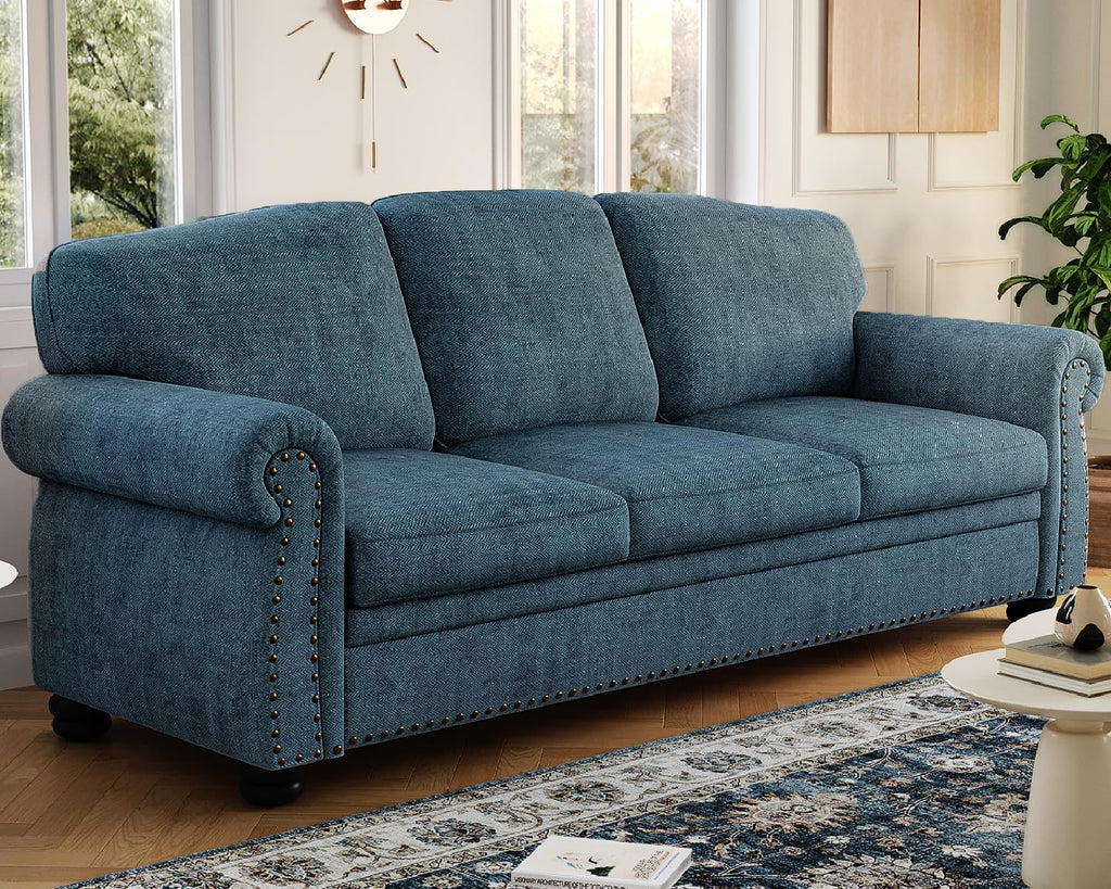 90 Inch Nailhead Trim Couch for Living Room, 23 Inch Deep Seat Rolled Arm Sofa, Comfy Upholstered 3 Seater Chenille Couch w/Wooden Leg, Large Traditional Sofa for Farmhouse, Brown