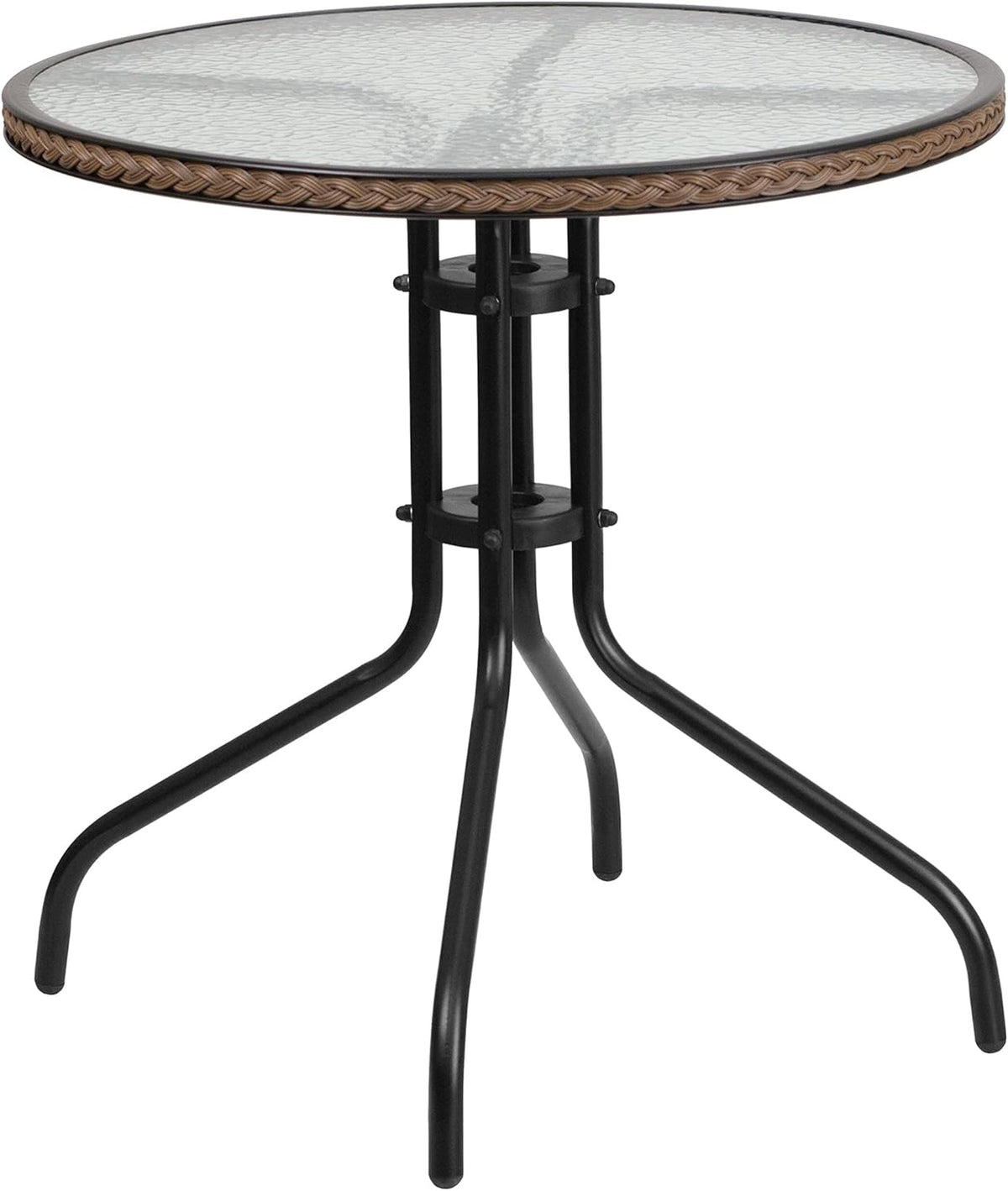 Flash Furniture Barker 28'' Round Tempered Glass Metal Table with Dark Brown Rattan Edging