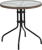 Flash Furniture Barker 28'' Round Tempered Glass Metal Table with Dark Brown Rattan Edging