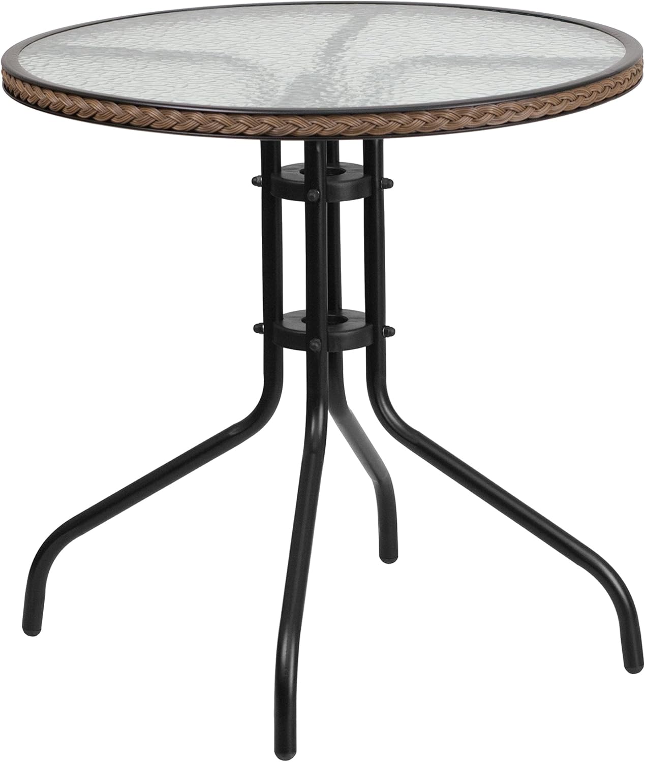 Flash Furniture Barker 28'' Round Tempered Glass Metal Table with Dark Brown Rattan Edging