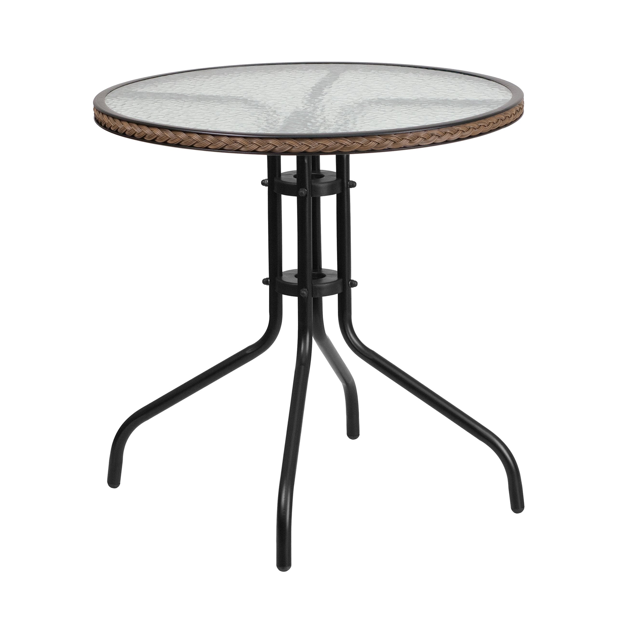 Flash Furniture Barker 28'' Round Tempered Glass Metal Table with Black Rattan Edging
