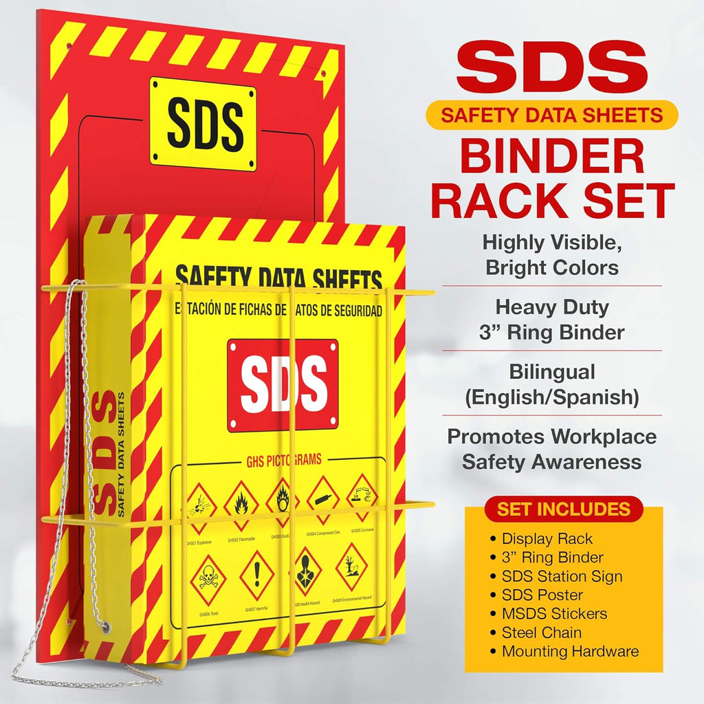 MSDS Wall Station with 3” SDS Binder & Wire Rack, OSHA/GHS Safety Data Sheet Station, Bilingual Labels, Display Sign, Chain & Mounting Hardware