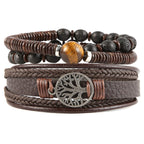 HZMAN Genuine Leather Tree of life Bracelets Men Women, Tiger Eye Natural Stone Lava Rock Beads Ethnic Tribal Elastic Bracelets Wristbands
