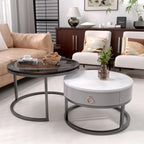 Jerry & Maggie Ø 27.5" Modern Nesting Coffee Table Set of 2, Round Glass Coffee Table & Side Table with Drawer, Tempered Glass & Leather Upholstery, Coffee Tables for Living Room, Small Space Friendly