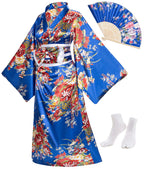 Japanese Anime Women's Kimono Robe Geisha Yukata Sweet Dress Blossom Satin Bathrobe Sleepwear Fans Tabi Socks Set
