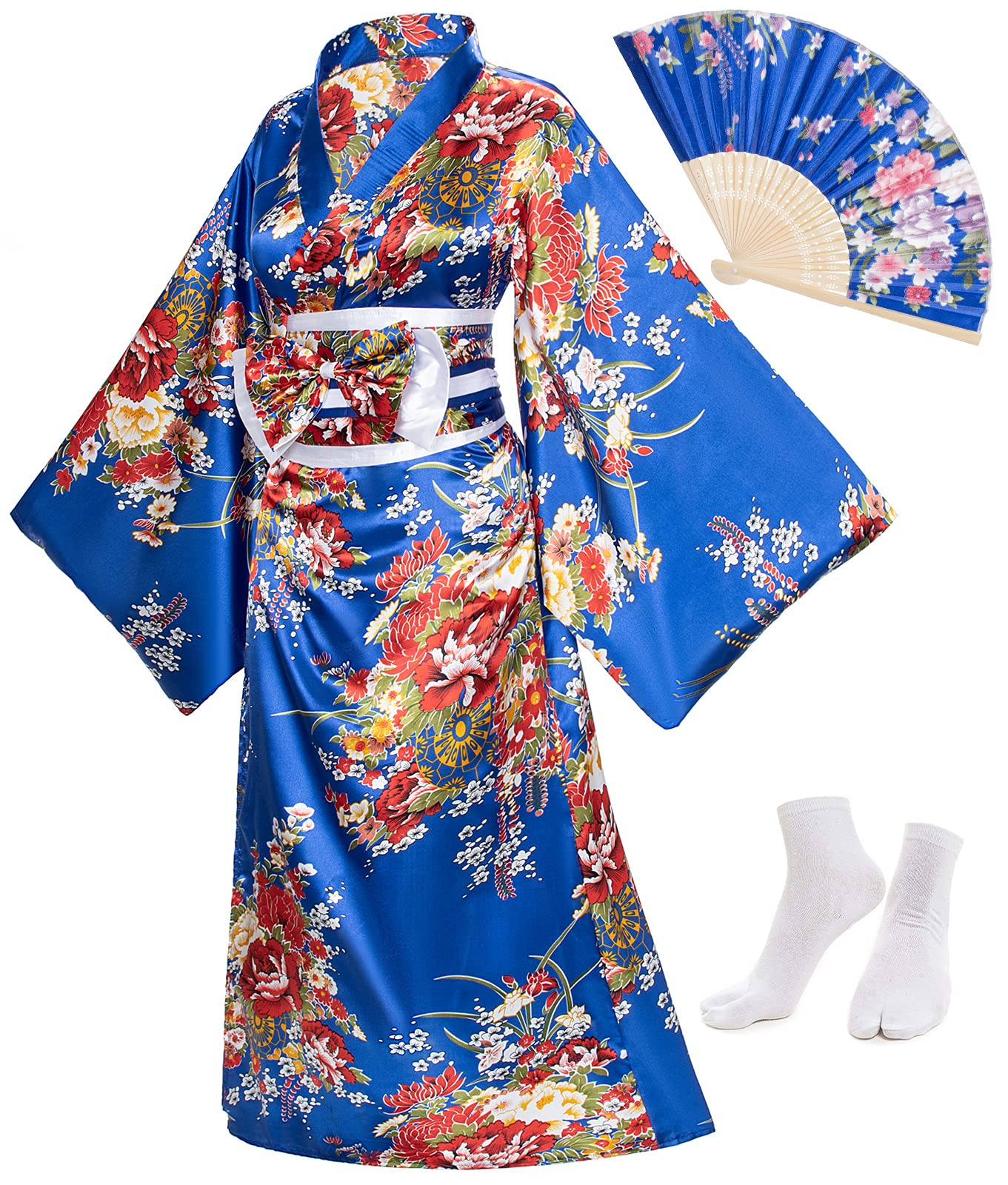 Japanese Anime Women's Kimono Robe Geisha Yukata Sweet Dress Blossom Satin Bathrobe Sleepwear Fans Tabi Socks Set