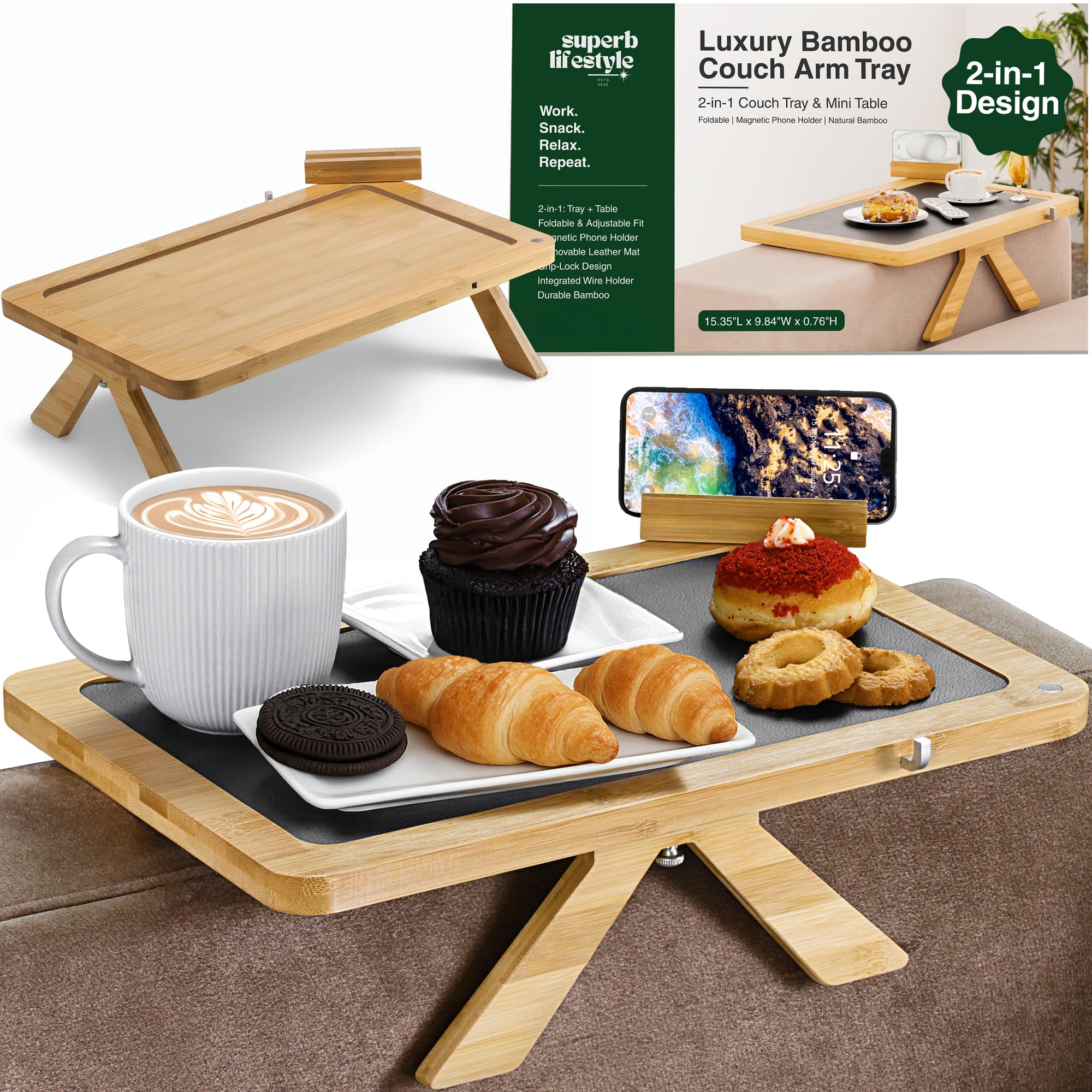 Acacia Couch Arm Tray/Mini Table – 2 in 1 Couch arm Table (15.3” x 9.8” x 4”), Adjustable Legs (up to 8.8”), 360° Rotating Phone Holder, Wire Holder, Non-Slip Mat – Couch Tray to Keep Snacks, Coffee