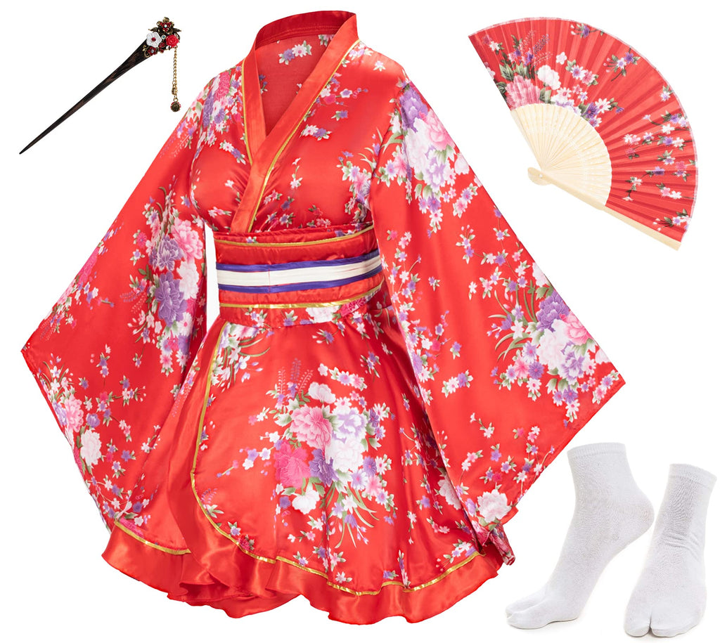 Japanese Anime Women's Dance Kimono Robe Fancy Dress Hand Held Silk Folding Fans Tabi Hairstick Socks Set