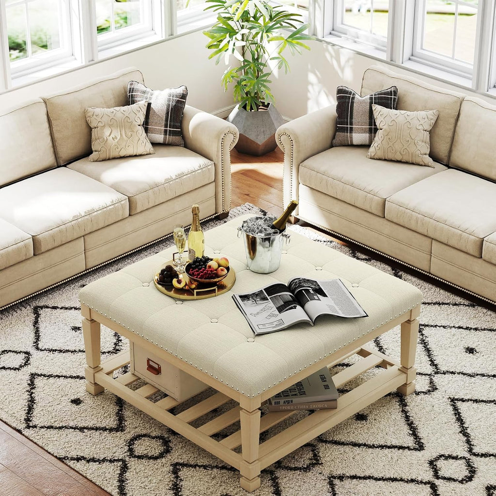 Large Square Ottoman Coffee Table, Linen Solid Upholstered Footrest Ottoman with Solid Wood Shelf Storage Tufted Coffee Table for Bedroom Living Room-Ivory