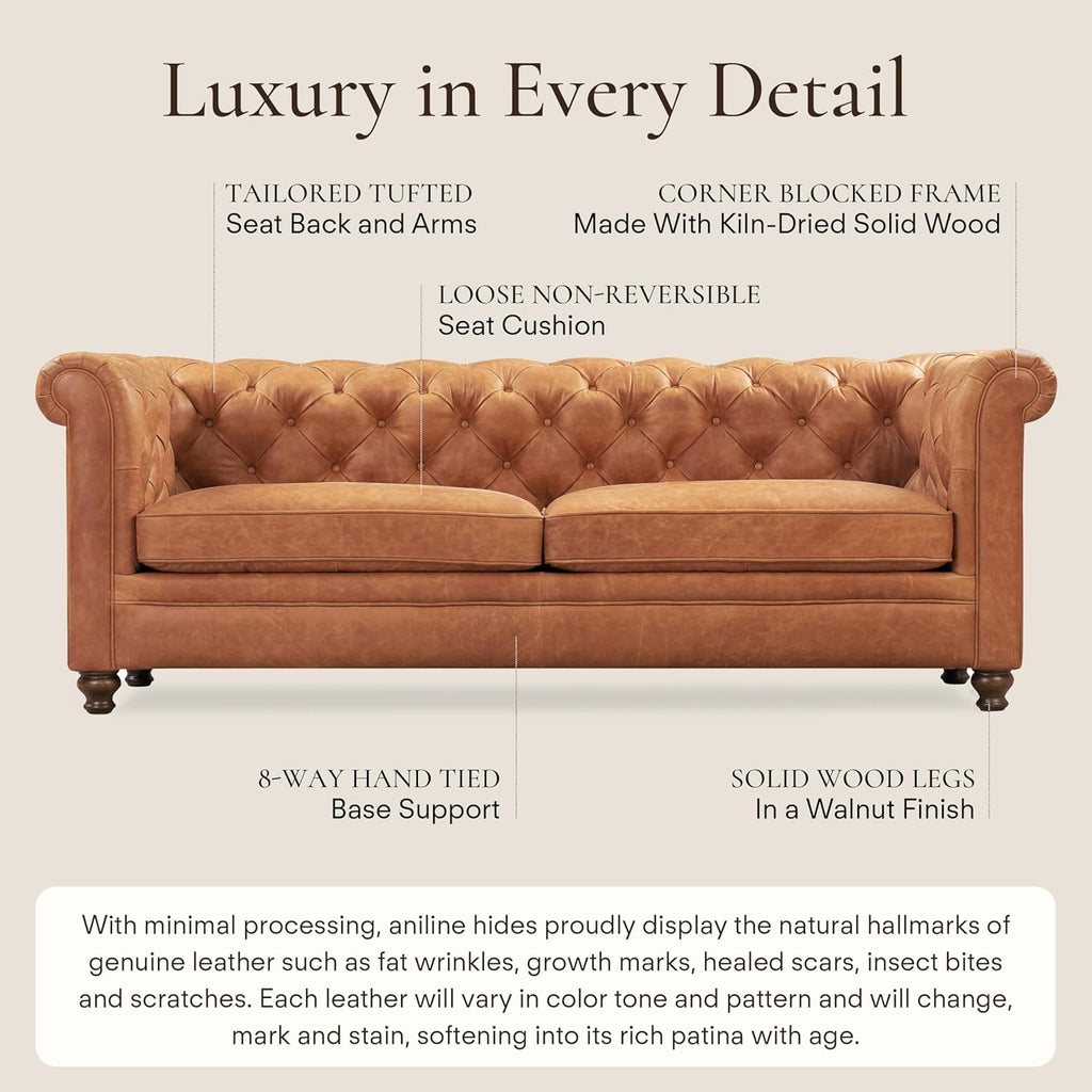 Poly & Bark Lyon Leather Couch - 87.4 Inch Sofa - Full-Grain Leather Sofa for Living Room with Feather-Down Topper - Living Room Couch - Vintage Italian Leather in Cognac Tan