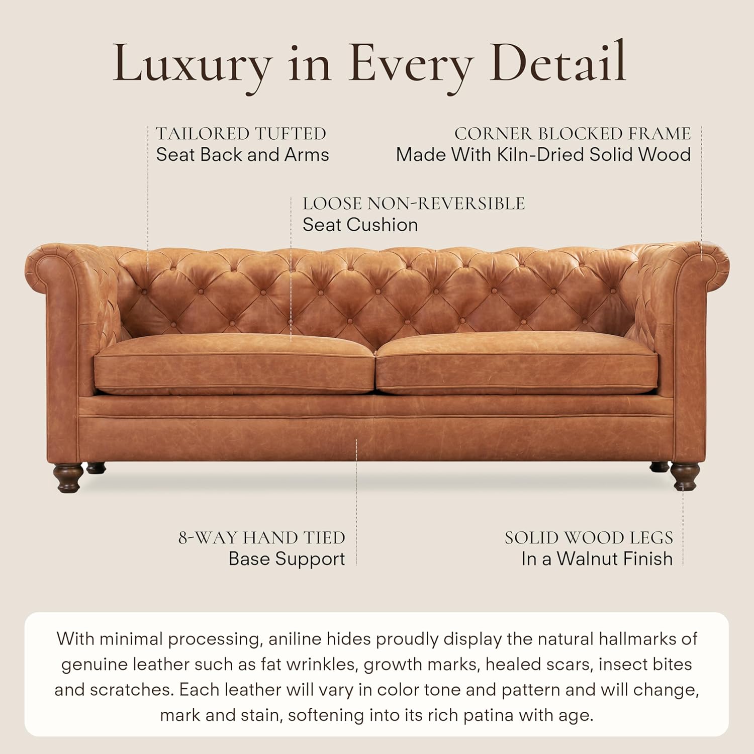 Poly & Bark Lyon Leather Couch - 87.4 Inch Sofa - Full-Grain Leather Sofa for Living Room with Feather-Down Topper - Living Room Couch - Vintage Italian Leather in Cognac Tan