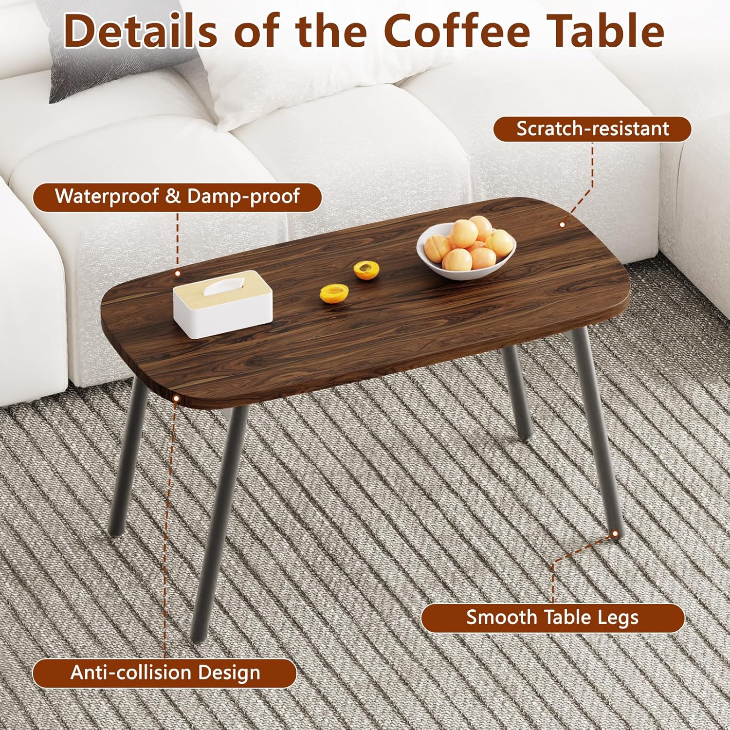 Folding Coffee Table, Wood Coffee Table Portable Low Floor Table with Metal Legs, Mid Century Modern Rustic Coffee Tables for Living Room, Home, Office, No Assembly 31.5x15.75x18.5IN