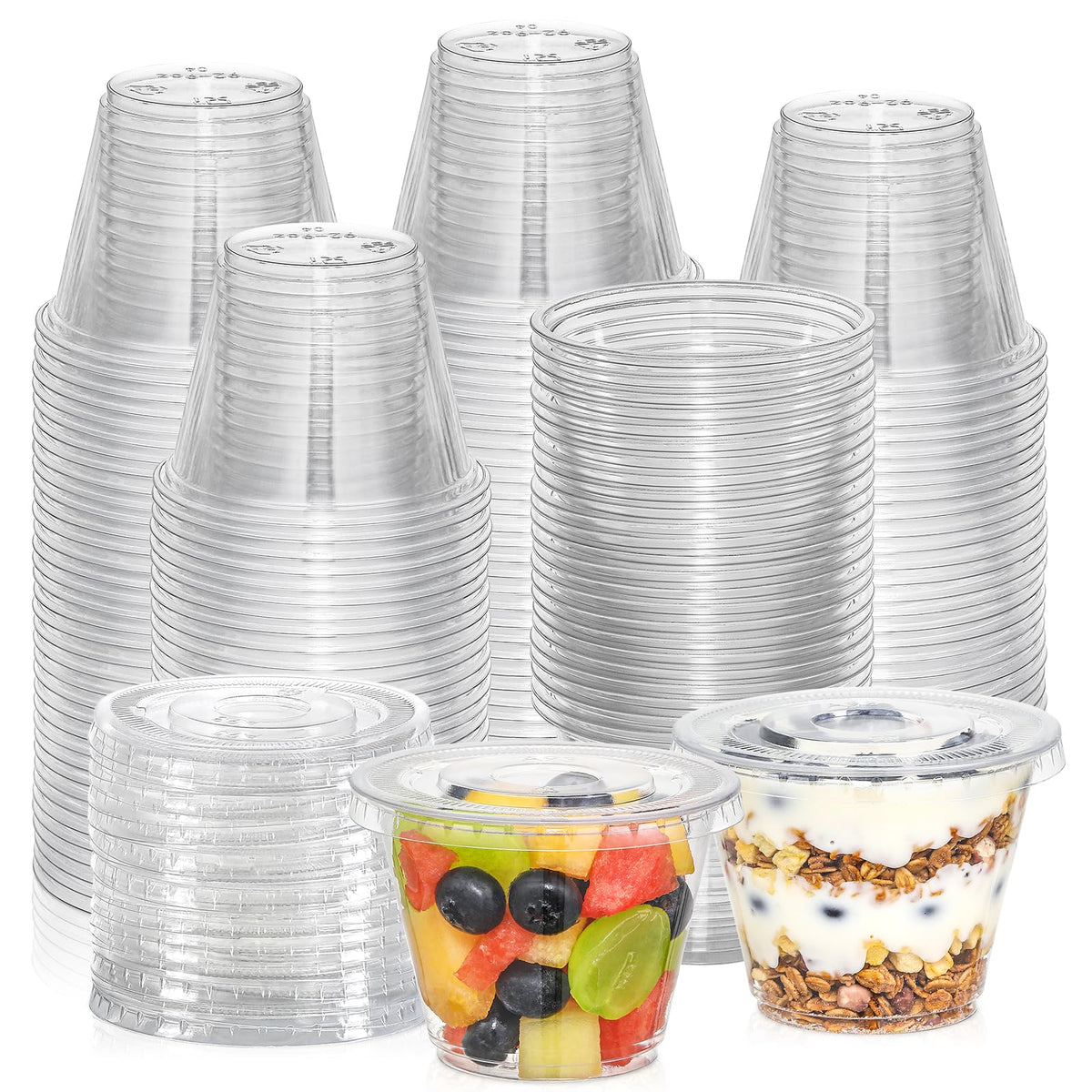 AOZITA [50 Sets, 9 oz Clear Plastic Cups With Flat Lids No Hole, Disposable Cups With Lids for Ice Cream, Pudding, Cake, Snacks Smoothie, Milkshake, Cold Drinks