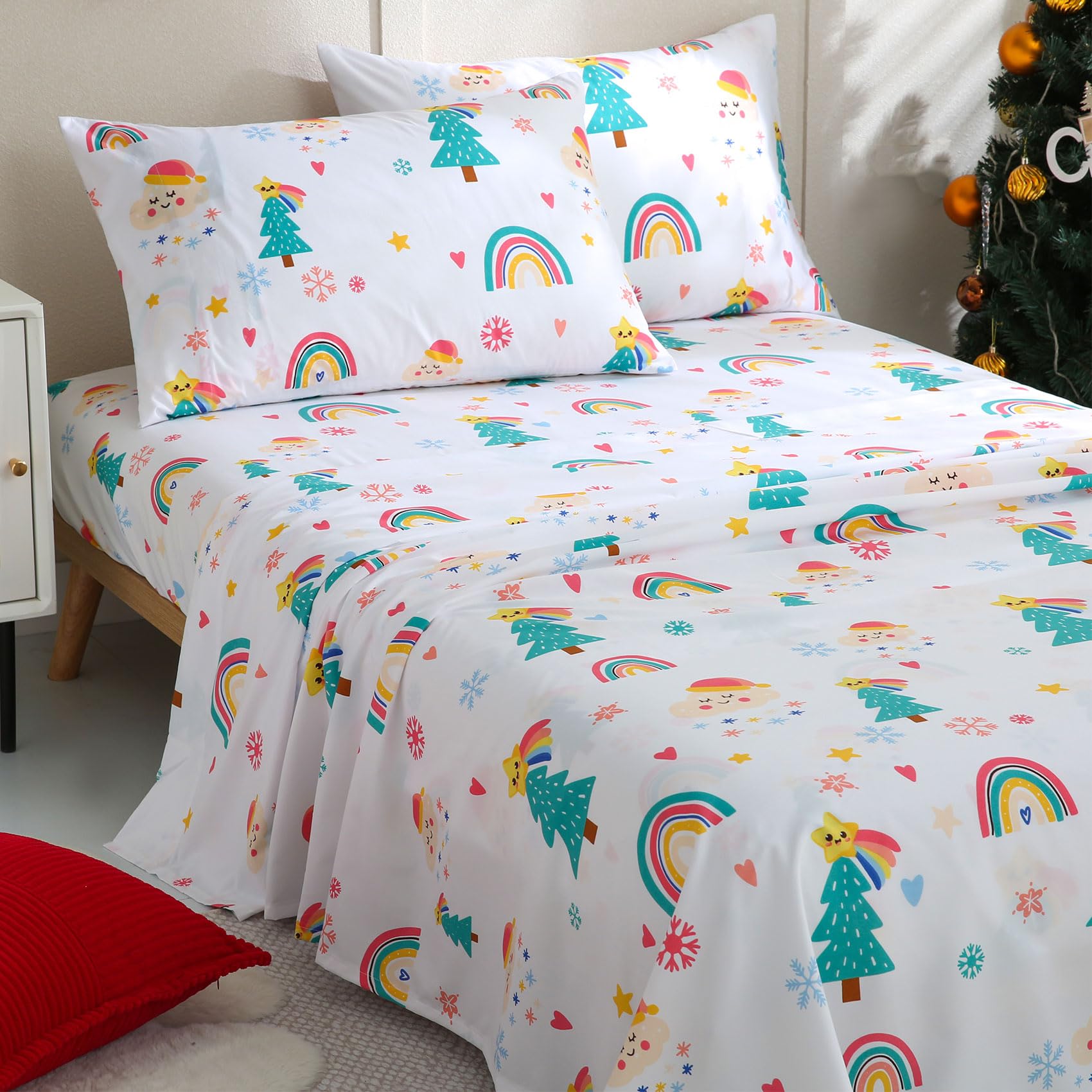 ست ملحفه کودکان یونیکورن صورتی JSD، سایز تویین، ۳ تکه، ملحفه‌های رختخواب میکروفایبر چاپ شده با طرح رنگین کمان برای دختران، جیب عمیق