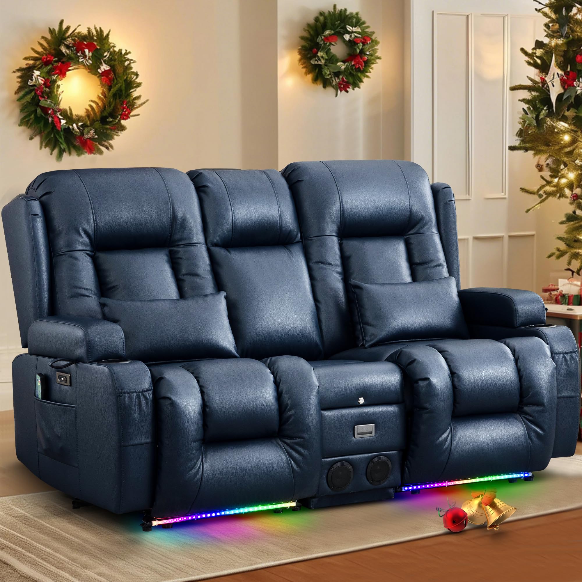 TUNYI Power Loveseat Recliner Sofa with Massage & Heat Home Theater Seating with Console Electric Recliner RV Sofa with USB/Outlet/Storage/Side Pocket/LED Light/Speaker (Brown, Loveseat)