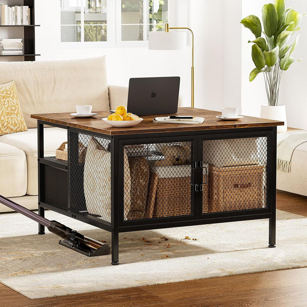 FABATO Flip Top Coffee Table, Square Coffee Tables Metal Wood, Farmhouse Lift Up Coffee Table Cocktail Table with Wire Mesh Barn Door and Storage, Steel Frame, Small Tea Table for Living Room, Black