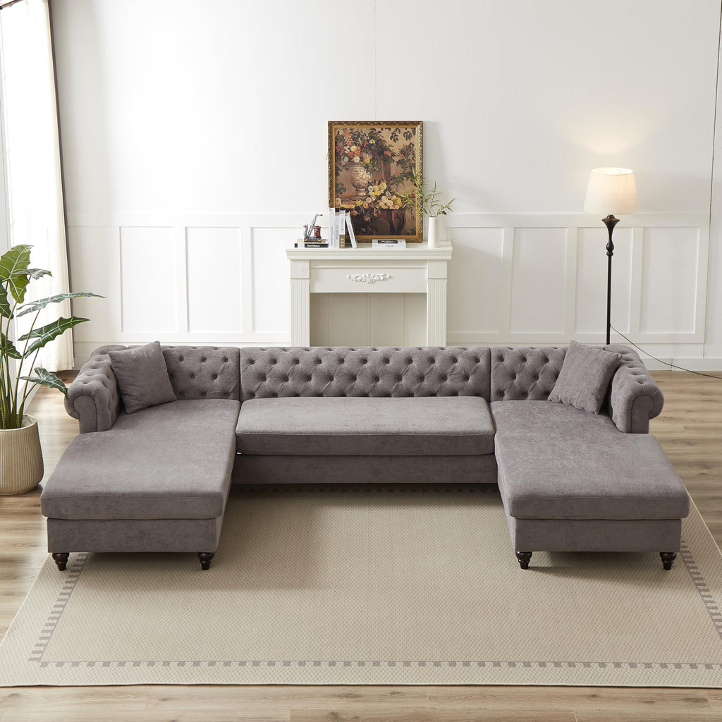 U-Shaped Oversized Symmetrical Sectional Sofa Couch Classic Chesterfield Scroll Armrest Button Tufted Sofa&Couch with Extra Wide Chaises and 2 Pillows for Living Room Home Theater/Office/Apartment