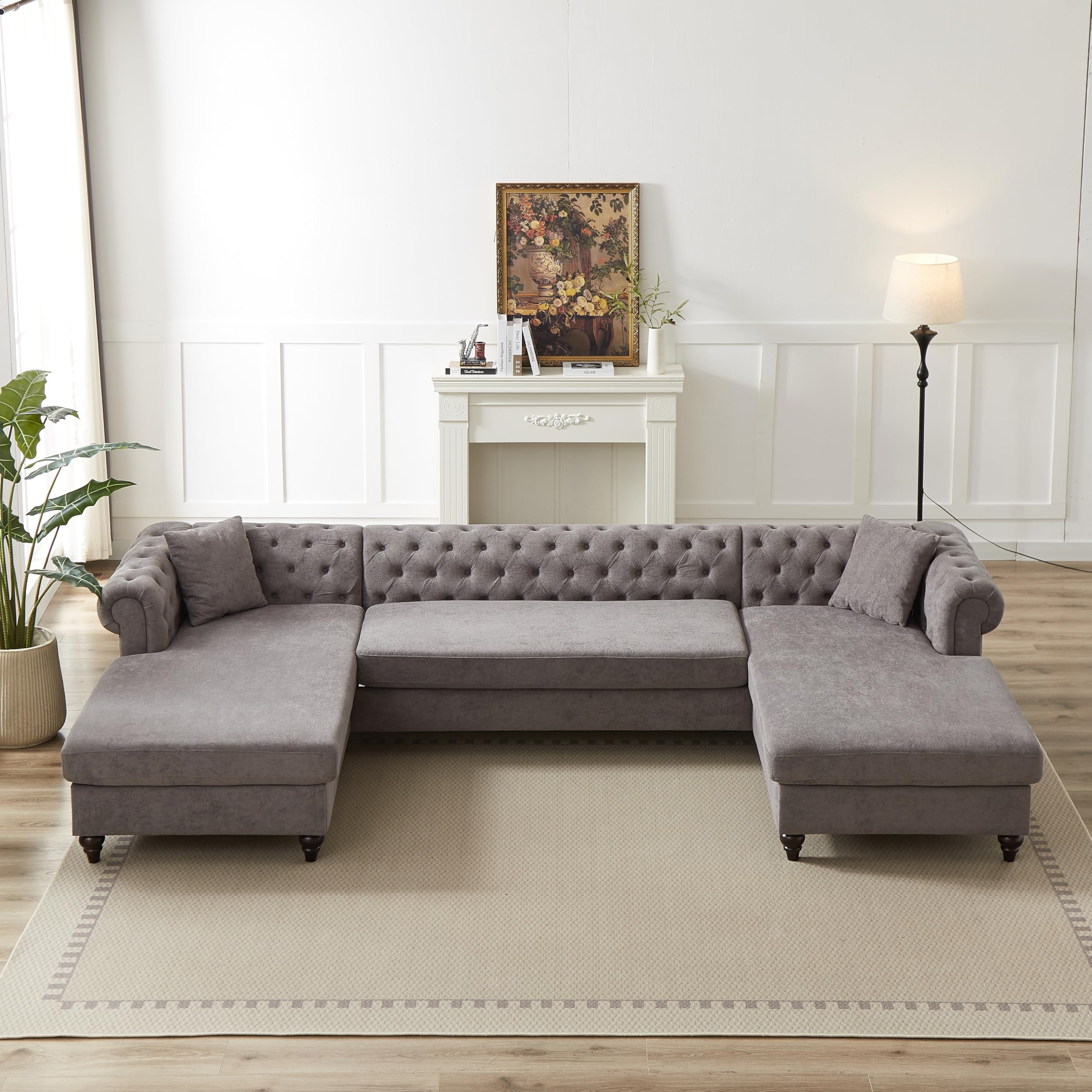 U-Shaped Oversized Symmetrical Sectional Sofa Couch Classic Chesterfield Scroll Armrest Button Tufted Sofa&Couch with Extra Wide Chaises and 2 Pillows for Living Room Home Theater/Office/Apartment