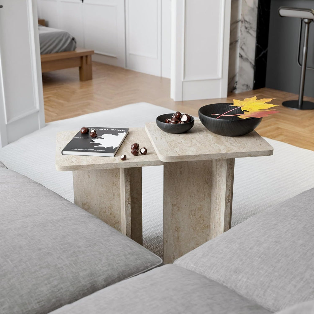 Travertine Efect Square Nesting Table Set of 2 Modern Coffee Table Small Side Table End Table for Living Room