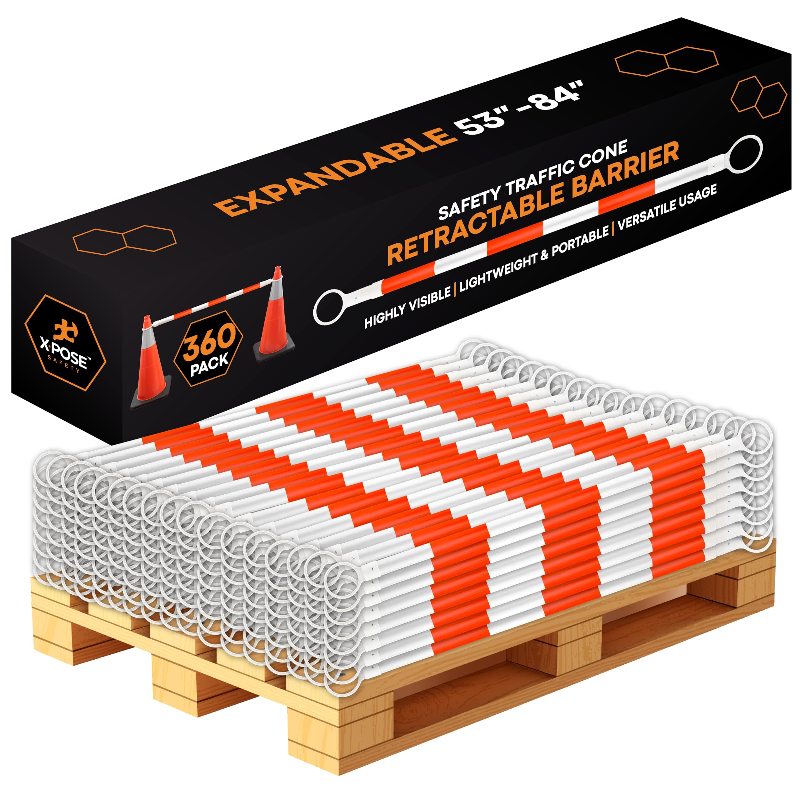 Retractable Barrier for Safety Traffic Cones - 2" OD - Large Yellow and Black Bar Barricade - for Road Construction, Parking, Warning, Temporary Security Divider (40, Orange & White, 72" x 120")