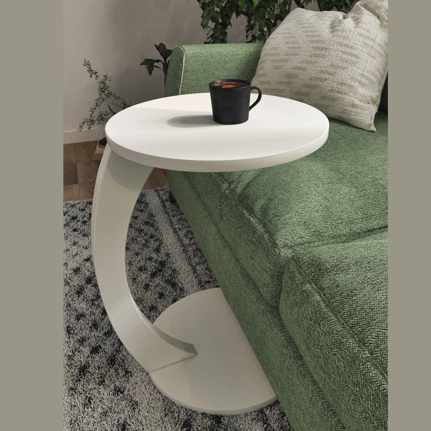 C Shaped End Table for Couch Small Places, Faux Marble White Space Saver Round Side Table for Sofa and Bedside with Wheels, Coffee and Snack Time Tray for Living Room (White Marble)