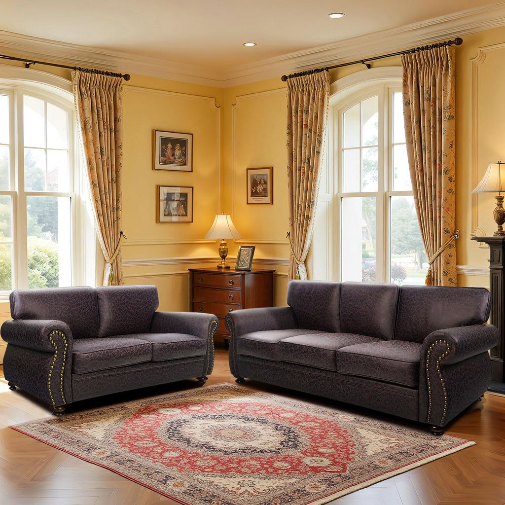 Mid-Century Vintage Sofa Couches with Rivet Design,loveseat Sofa,Removable Sofa Cover Upholstered Cushions and Solid Wood Frame (Grey, 3-Seater)