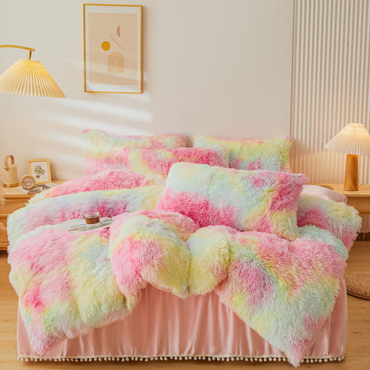 Fluffy Pink Faux Fur Comforter Cover Set，Fluffy Fuzzy Plush Pink Bedding 3Pcs (1 Faux Fur Duvet Cover +2 Fuzzy Pillowcases) Pink Fluffy Bed Set (Pink, Queen)