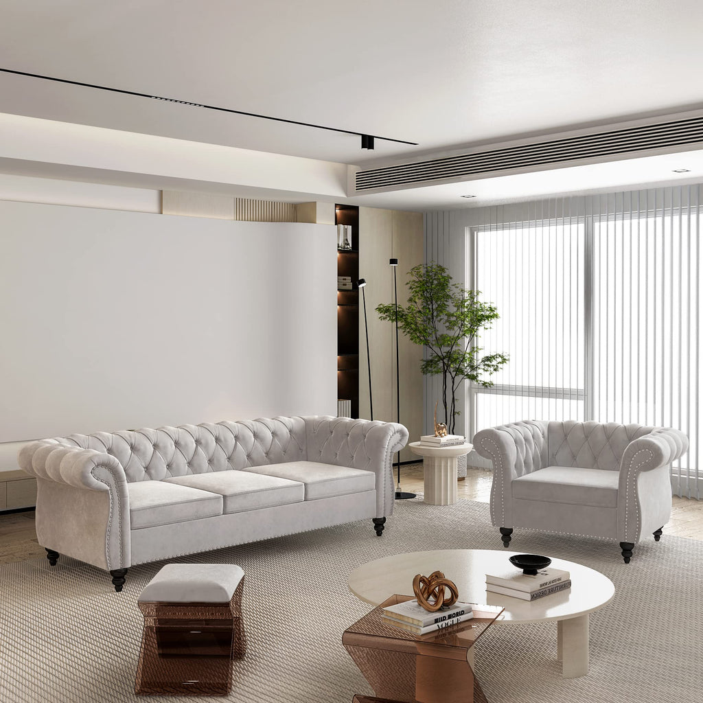 2 Piece Living Room Set, Chesterfield Leather Sofa Couch Chair with Scroll Arms and Nailhead for Living Room, Office (Dark Brown)