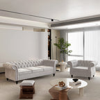 2 Piece Living Room Set, Chesterfield Leather Sofa Couch Chair with Scroll Arms and Nailhead for Living Room, Office (Dark Brown)