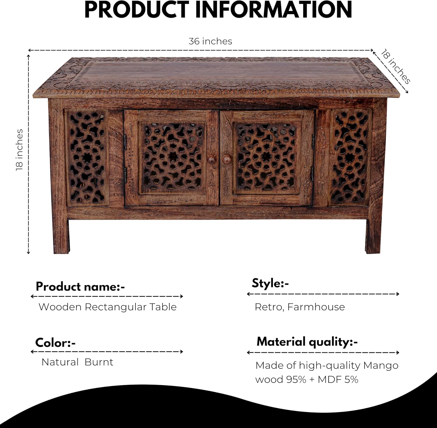 Hand-Carved Wooden Coffee Table – 36” x 18” Rectangular Mango Wood Center Table with Storage, Natural Burnt Finish, Living Room & Accent Table