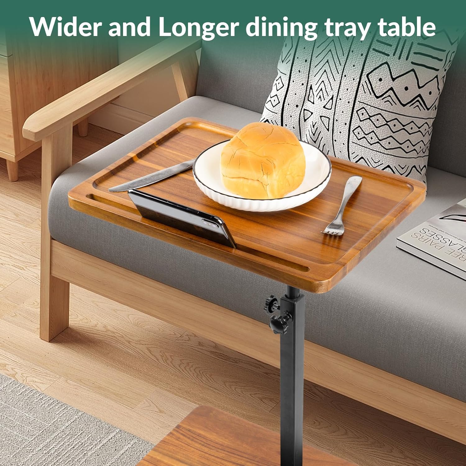 Solid Wood Acacia Wood Couch Table,360° Swivel Height Adjustable C Table with Phone & Tablet Slot,TV Trays for Eating on Couch, Bedroom or Livingroom, Oblong