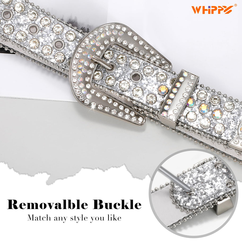 WHIPPY Women Rhinestones Leather Belts Bling Studded Western Cowgirl Waist Belt for Jeans Pants with Removable Buckle, Silver Sequin, S