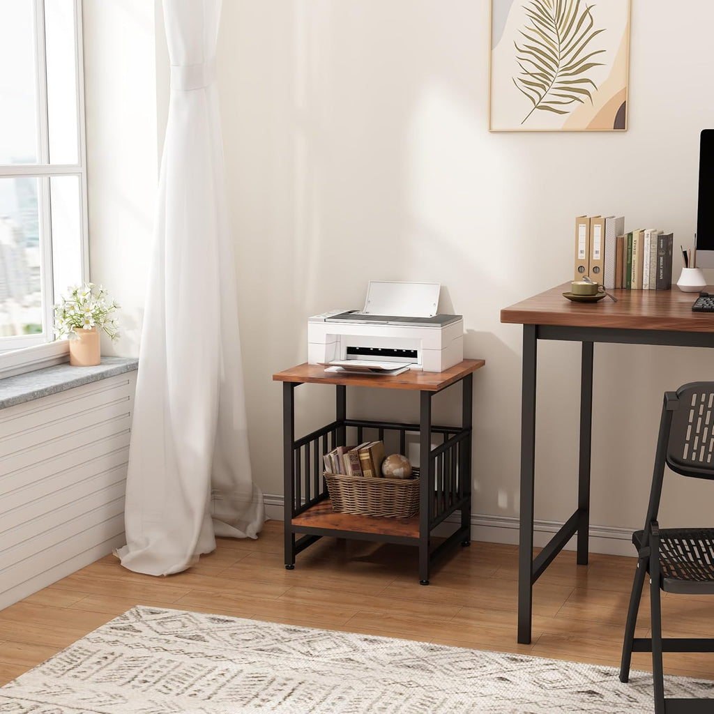 WAYTRIM Storage End Table, Industrial Side Table Mini Fridge Stand Fishtank Coffee Table with Large Metal Frame for Living Room Rustic Brown