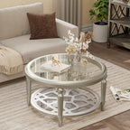COSIEST Glass Coffee Table, 32" Round Coffee Tables with Storage, 2-Tier Glass Top, Clear Coffee Table, Simple & Modern Center Table for Living Room or Home Office (Champagne)