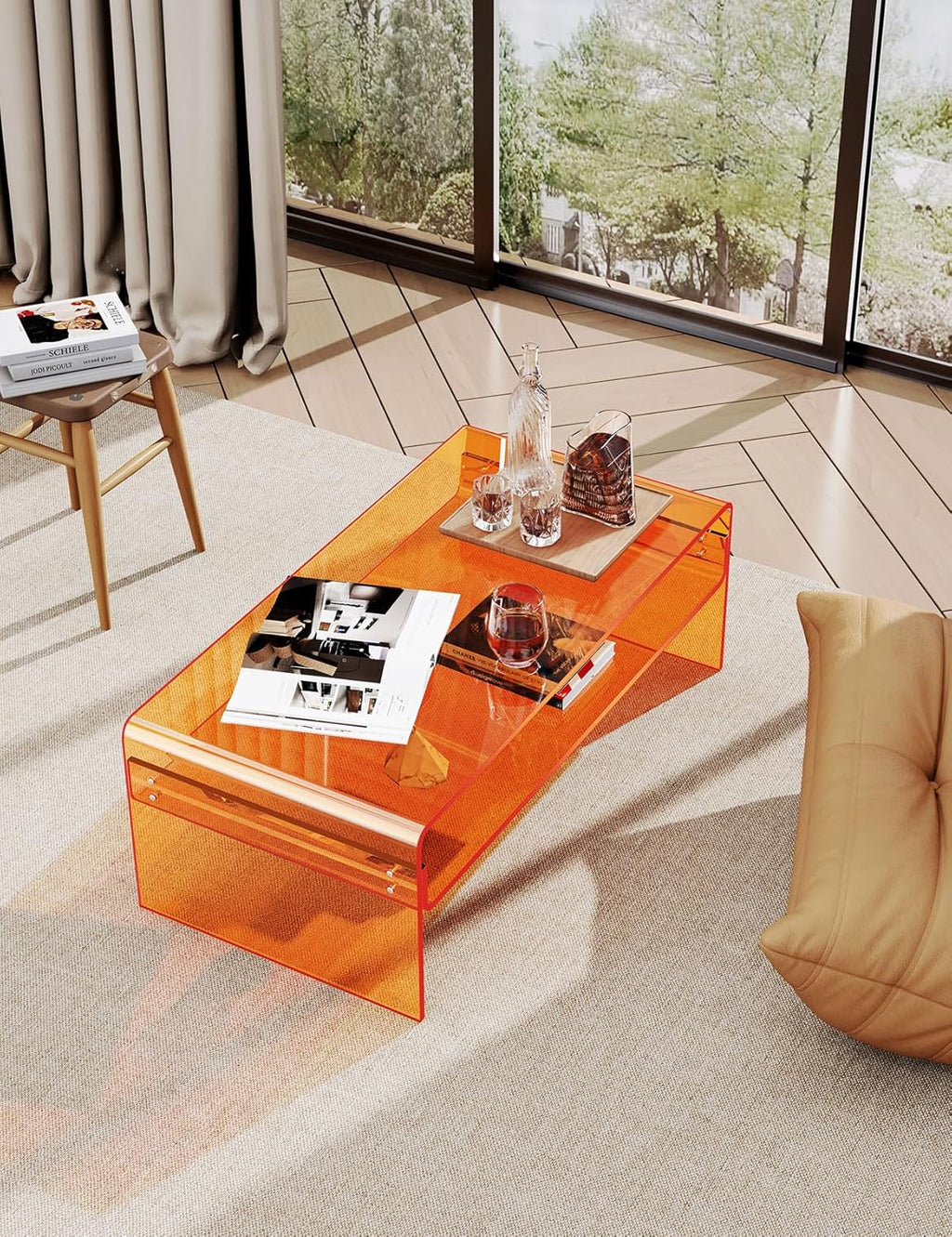 Acrylic Coffee Table for Living Room Clear Rectangle Lucite Table with Open Storage Shelf, Orange
