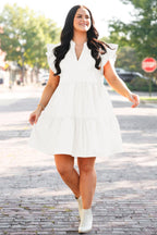 پیراهن‌های سایز بزرگ فیسو برای زنان تابستانی با آستین کوتاه چین‌دار، یقه هفت، پیراهن چندلایه تاب‌دار، مدل بَبی‌دال مینی، سفید