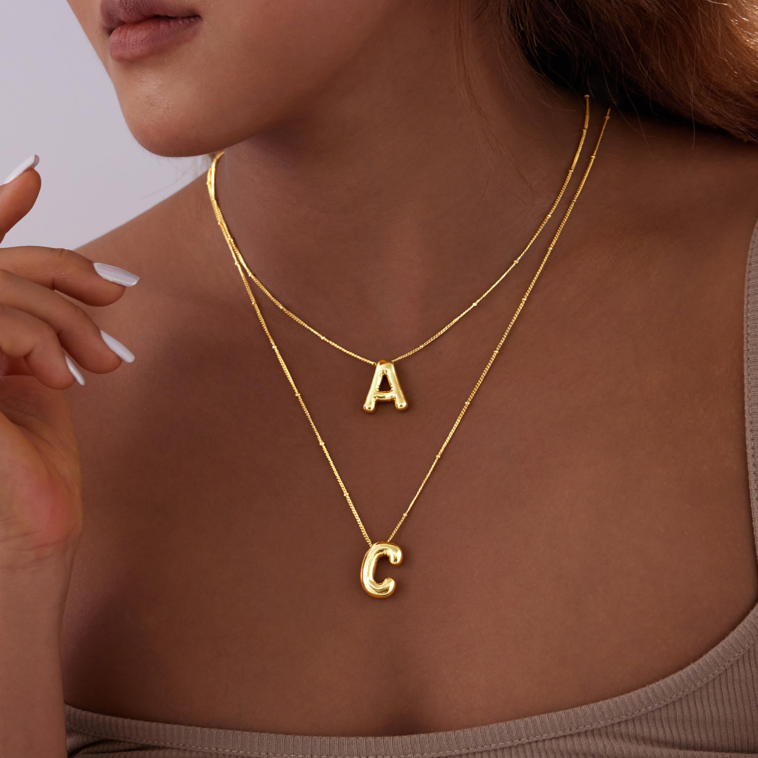 Inerney Gold Bubble Letter Necklace Initial Necklaces for Women, Chunky 14K Plated Balloon Initials, Trendy Charm Non Tarnish Custom Name A Pendant Jewelry Gifts for Mom